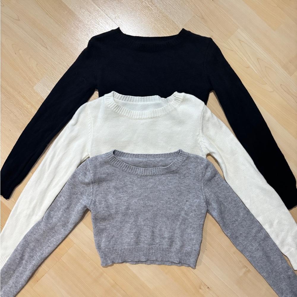 SHEIN Black, Cream, and Gray Cropped Crew Neck Sweaters